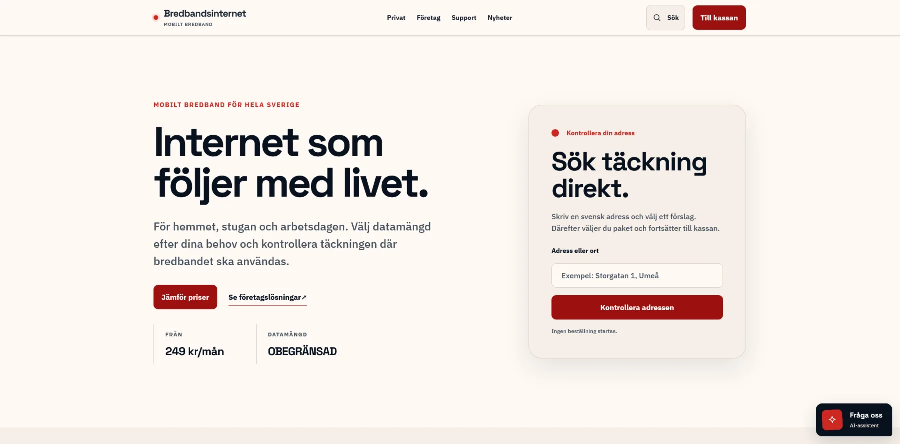 Bredbandsinternet webbplats för mobilt bredband